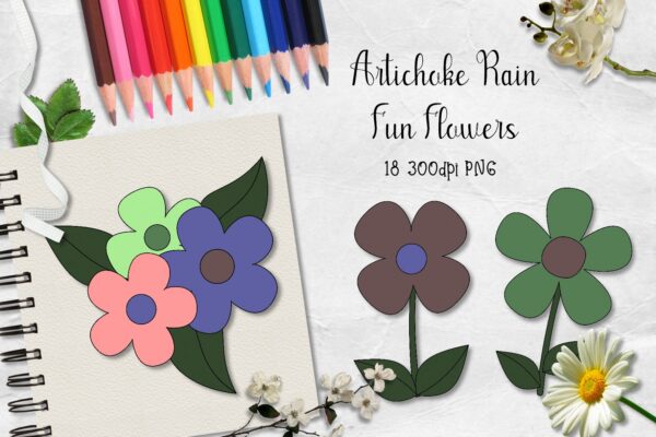 Artichoke Rain Fun Flowers CU Clipart