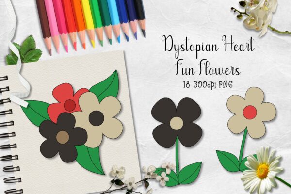 Dystopian Heart Fun Flowers CU Clipart