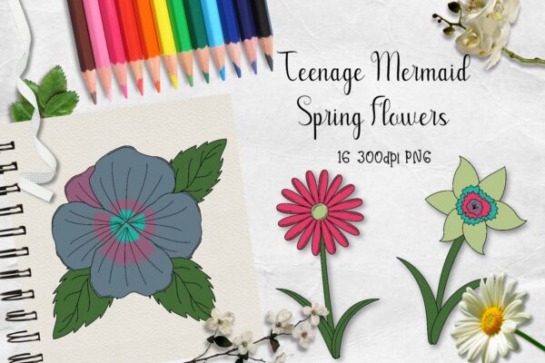 Teenage Mermaid Spring Flowers CU Clipart